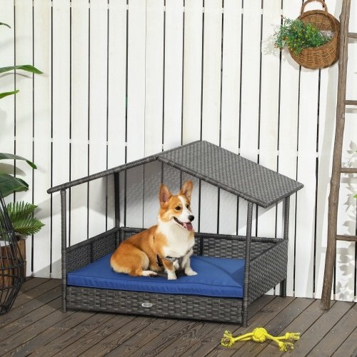 PawHut Wicker Outdoor Dog House With Canopy