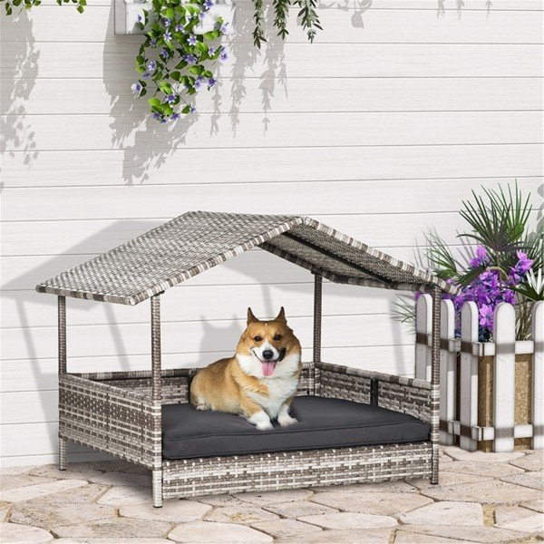 Rattan Dog Sofa Bed with Canopy Tent