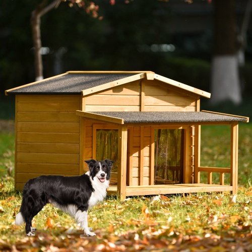 Large Wooden Outdoor Dog House With Porch & Doors - Image 4