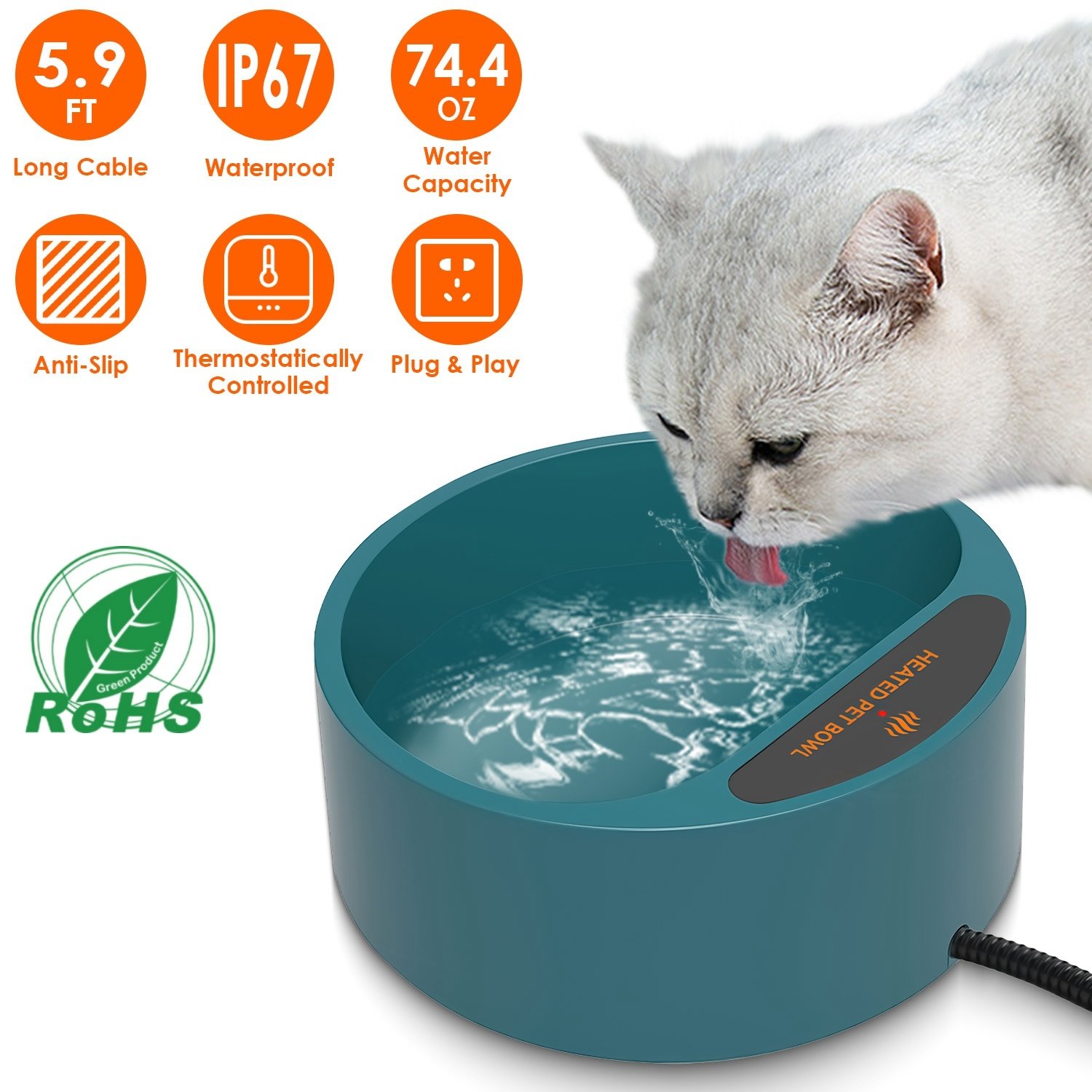 Heated Water Bowl for Pets 74oz Waterproof Dish - Image 8