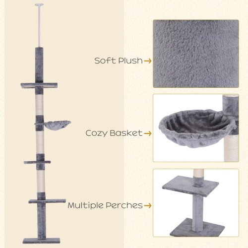 PawHut Adjustable Floor Cat Tower Grey And White - Image 2