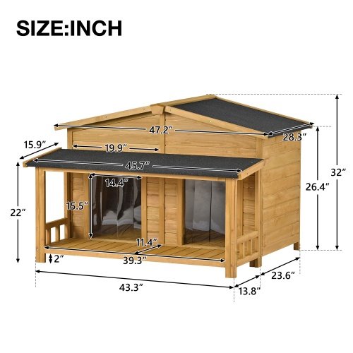 Large Wooden Outdoor Dog House With Porch & Doors - Image 5
