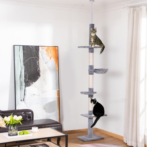 PawHut Adjustable Floor Cat Tower Grey And White