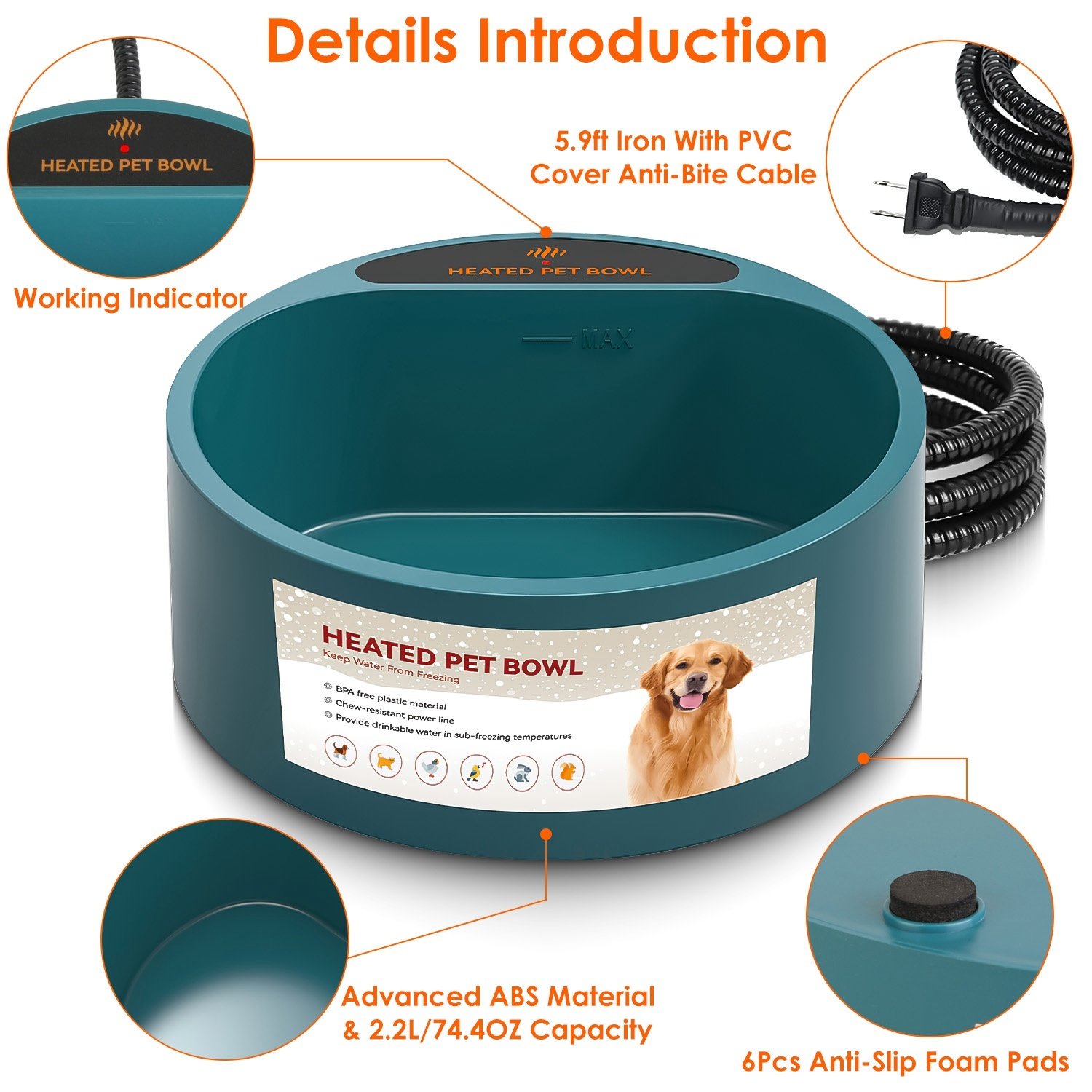 Heated Water Bowl for Pets 74oz Waterproof Dish - Image 9