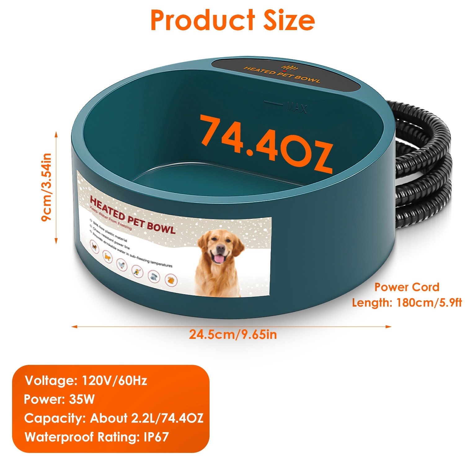 Heated Water Bowl for Pets 74oz Waterproof Dish - Image 10