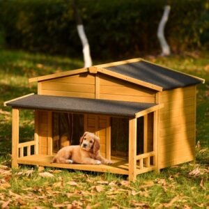 Large Wooden Outdoor Dog House With Porch & Doors